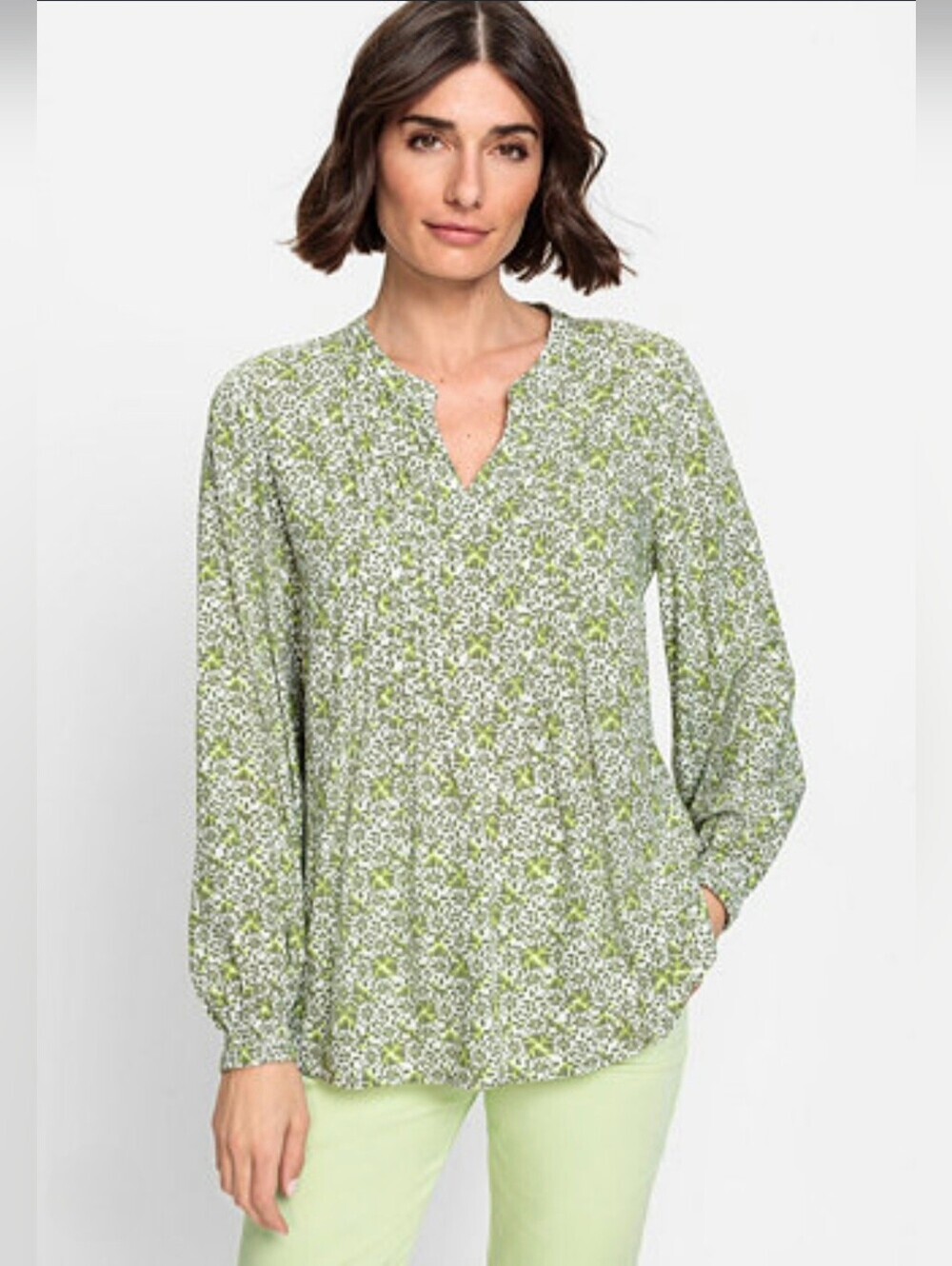 Olsen Tunic Blouse Green Graphic Floral Cottagecore Boho S/6 Spring Airy Dainty